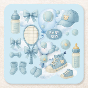 Tennis baby shower voor baby jongen blauwe thema kartonnen onderzetters