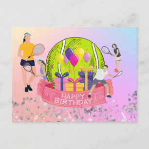 Tennis bal met gelukkig verjaardagswoord op regenb briefkaart