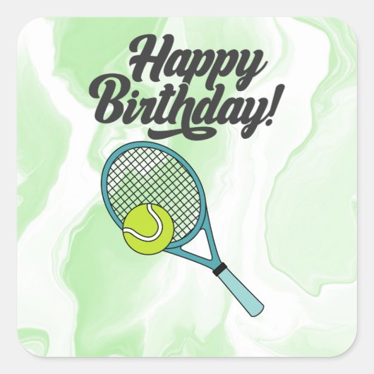 Tennis bal met Happy Birthday Vierkante Sticker (Voorkant)