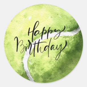 Tennis bal op gele Happy Birthday Ronde Sticker