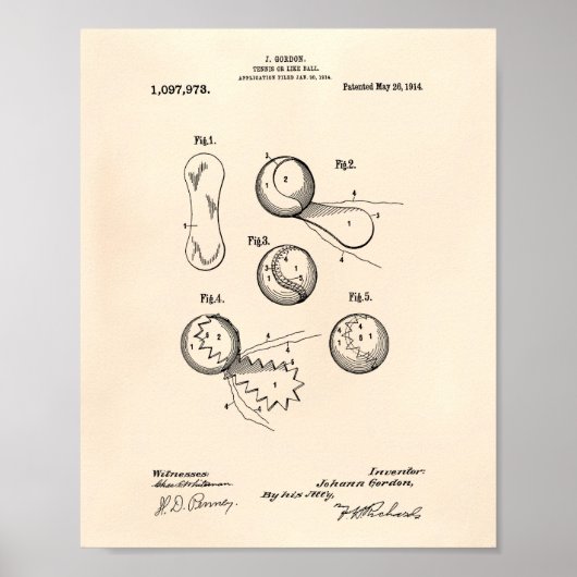 Tennis Ball 1914 Patent Art Old Peper Poster (Voorkant)