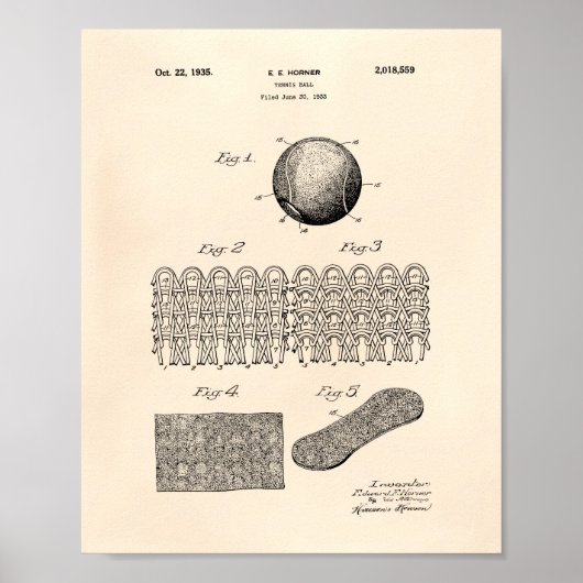 Tennis Ball 1935 Patent Art Old Peper Poster (Voorkant)
