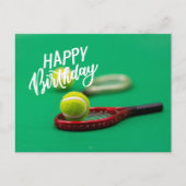 Tennis ball and racket on green Happy Birthday car Briefkaart (Voorkant)