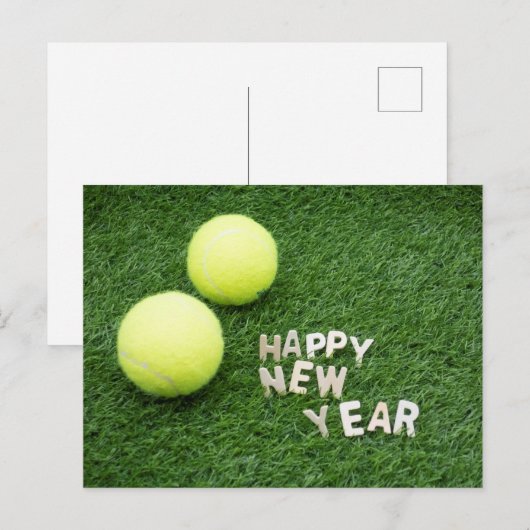 Tennis ball Happy Nieuwjaar op groen gras Briefkaart (Voorkant / Achterkant)