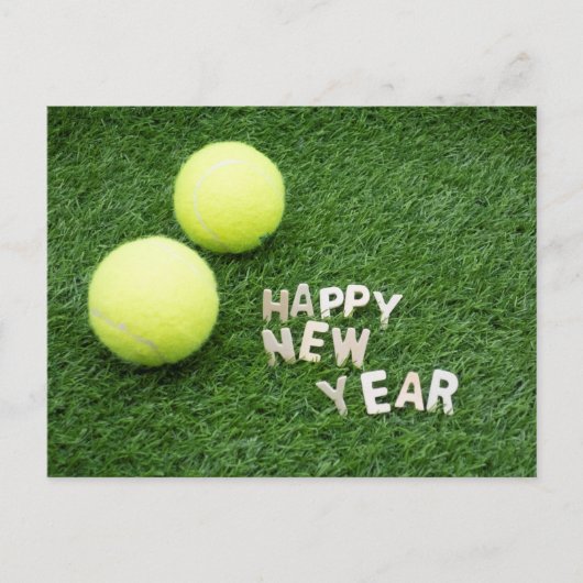 Tennis ball Happy Nieuwjaar op groen gras Briefkaart (Voorkant)