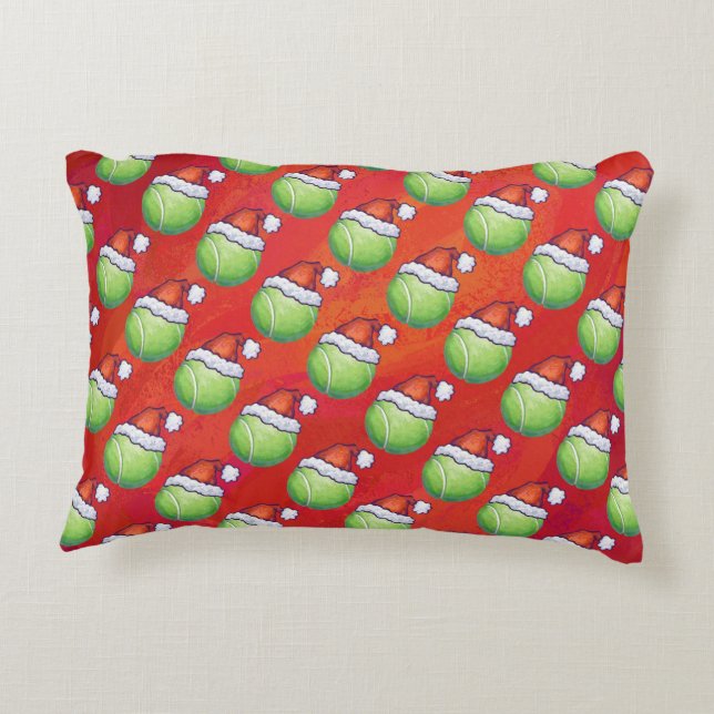 Tennis Ball in Santa Hat Pattern op Red Accent Kussen (Achterkant)