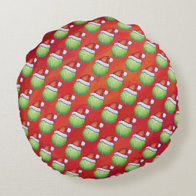 Tennis Ball in Santa Hat Pattern op Red Rond Kussen (Achterkant)