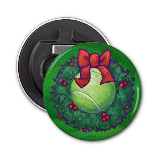 Tennis Ball Kerstmis met groen Button Flesopener (Voorkant)