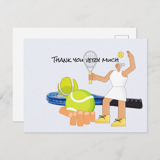 Tennis ball met blauwe racket en vrouwelijke spele briefkaart (Voorkant / Achterkant)