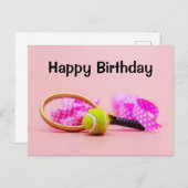 Tennis ball met racket op roze pastelverjaardag briefkaart (Voorkant / Achterkant)