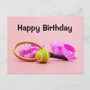 Tennis ball met racket op roze pastelverjaardag briefkaart