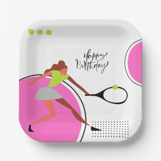 Tennis ball met verjaardag van vrouwspeler papieren bordje (Voorkant)