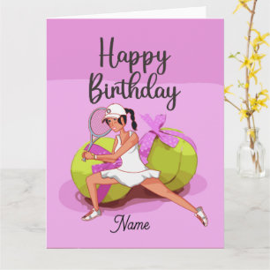 Tennis ball op roze Happy Birthday Woman Player Kaart