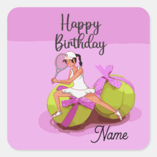 Tennis ball op roze Happy Birthday Woman Player Vierkante Sticker