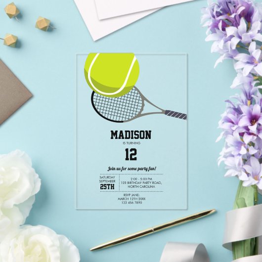 Tennis Ball & Racket Racquet Birthday Party Acryl Uitnodigingen (Insitu (Huwelijk))