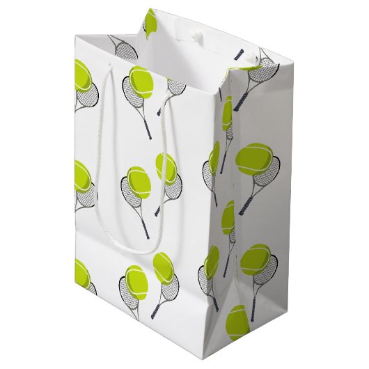 Tennis Ball & Racket Racquet Patroon Medium Cadeauzakje (Voorkant Gekanteld)