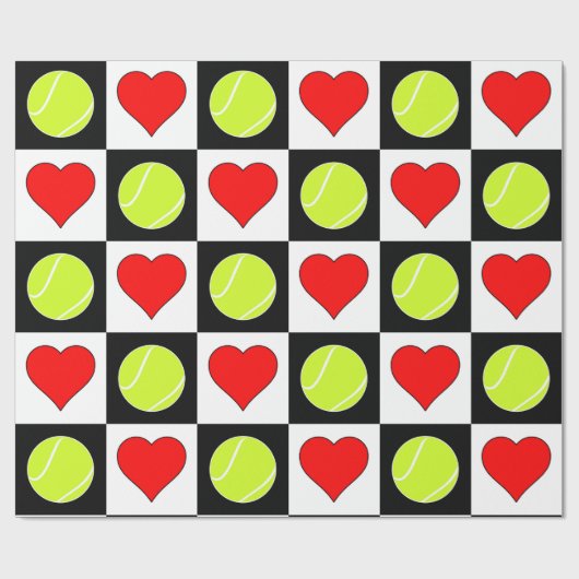 Tennis Balls en hart, zwart en wit, gecheckt Cadeaupapier (Vlak)