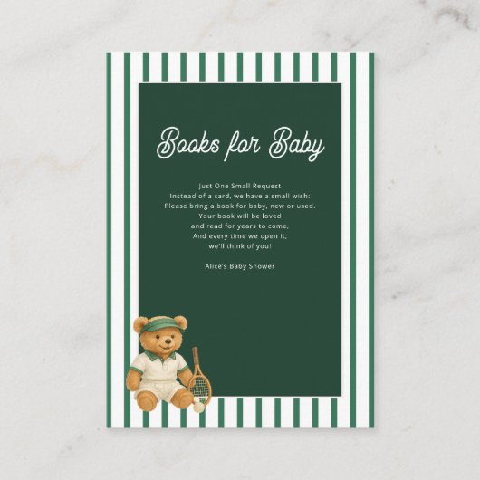 Tennis Bear Baby Shower Books For  Informatiekaartje (Voorkant)