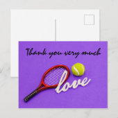Tennis bedankje met balracket op paarse briefkaart (Voorkant / Achterkant)