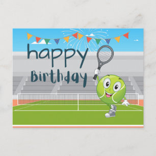 Tennis Birthday-kaart met racket en bal op groen Briefkaart