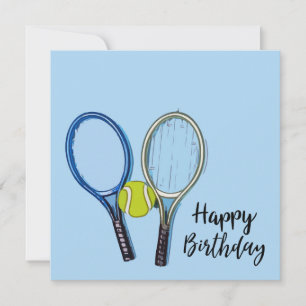 Tennis Birthday met bal en Racket op blauw Kaart