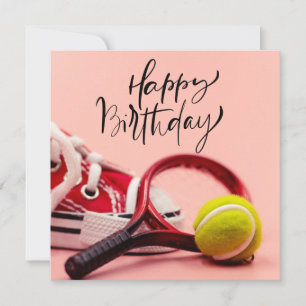 Tennis Birthday met bal en Racket op roze Kaart