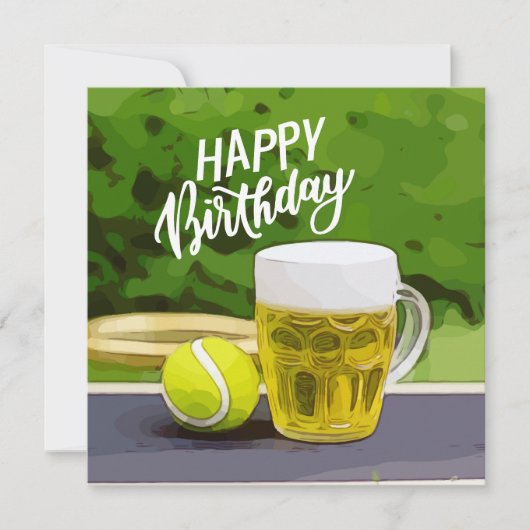Tennis Birthday met bier- en kogelracket op groen (Voorkant)