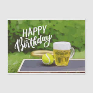 Tennis Birthday met bier- en kogelracket op groen Tissuepapier