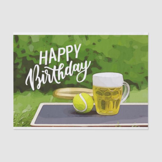 Tennis Birthday met bier- en kogelracket op groen Tissuepapier (Voorkant)