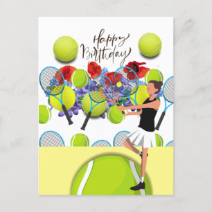 Tennis Birthday met vrouwelijke speler en bloem Briefkaart
