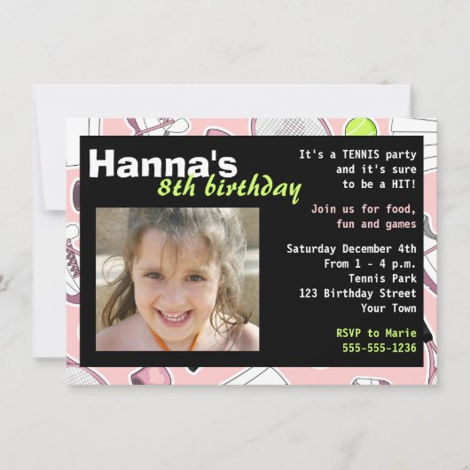 Tennis Birthday Party Invitation roze Kaart (Voorkant)