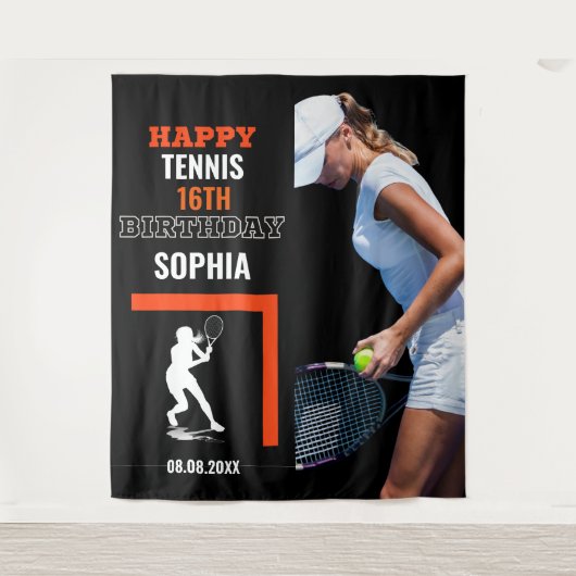 Tennis Birthday, Tennis Girl Player Backdrops Wandkleed (Voorkant)