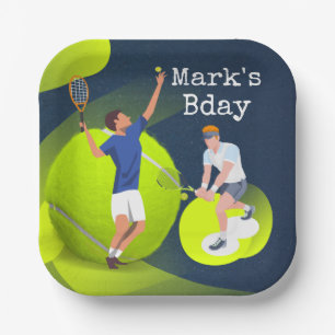 Tennis Birthday tennisspeler met racketblauw Papieren Bordje