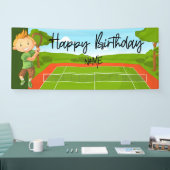Tennis Boy speelt Tennis Birthday met naam Spandoek (Beurs)