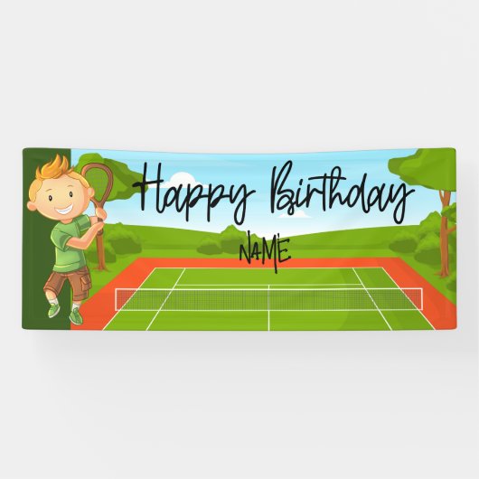 Tennis Boy speelt Tennis Birthday met naam Spandoek (Horizontaal)