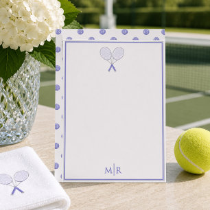 Tennis Briefpapier Racket Stippen Monogram Blauw Notitiekaartje
