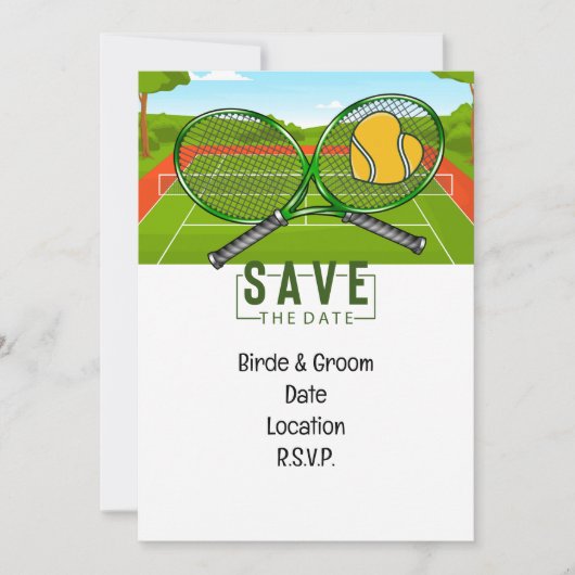 Tennis Bruiloft Save the Date met bal en racket Kaart (Voorkant)