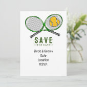 Tennis Bruiloft Save the Date met bal en racket Kaart (Staand voorkant)
