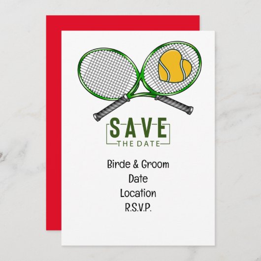 Tennis Bruiloft Save the Date met bal en racket Kaart (Voorkant / Achterkant)