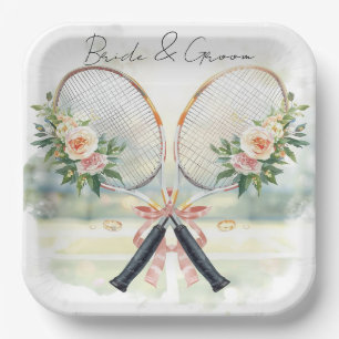 Tennis Bruiloftsracket met Bloem Bruid & Bruidegom Papieren Bordje