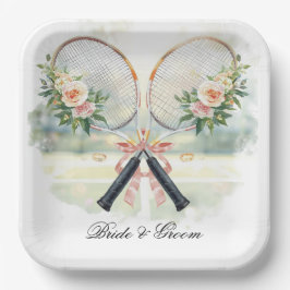 Tennis Bruiloftsracket met Bloem Bruid & Bruidegom Papieren Bordje