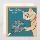 Tennis Cat Player met Racket Birthday-kaart (Voorkant / Achterkant)