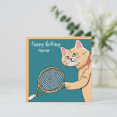 Tennis Cat Player met Racket Birthday-kaart (Staand voorkant)