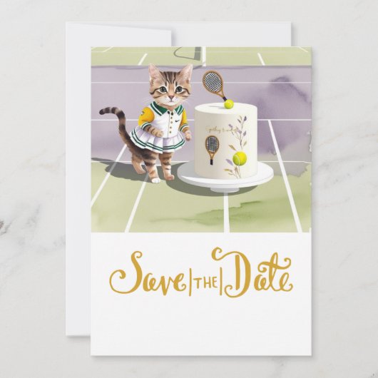 TENNIS CAT PLAYER met taartfeest op de baan Save The Date (Voorkant)