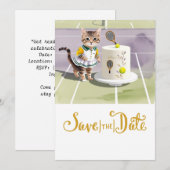 TENNIS CAT PLAYER met taartfeest op de baan Save The Date (Voorkant / Achterkant)