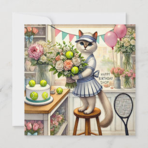 Tennis Cat Waterverf voor Verjaardag Kaart