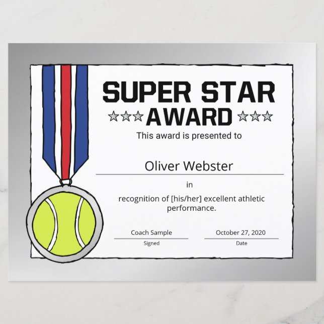 Tennis-certificaat voor superStar Tennis Player (Voorkant)