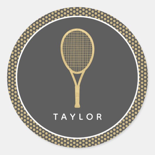 Tennis Chic Grijs Goud Aangepaste Naam Ronde Sticker (Voorkant)
