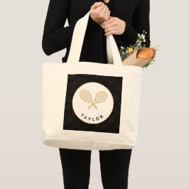 Tennis Chic Sport Gift Zwart en Goud Custom Grote Tote Bag