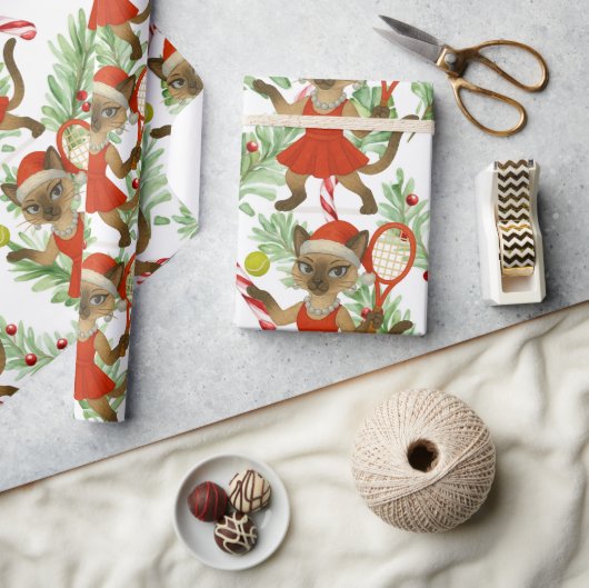 Tennis Christmas themed fir Siamese cat Lovers Cadeaupapier (Crafts)